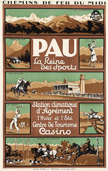 ALO (CHARLES HALLO, 1882-1969). PAU / LA REINE DES SPORTS. 1928. 38¾x24¾ inches, 98½x62¾ cm. Lucien Serre & Cie., Paris.                         